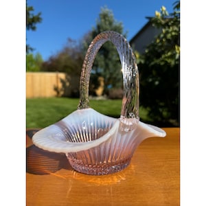Vintage Fenton Art Glass Heirloom Ribbed Pink White Opalescent Twisted Handle Brides Basket Bottom Marked Fenton