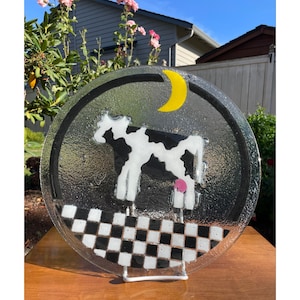 Vintage Signed Peggy Karr Fused Art Glass Handmade Yellow Moon Cow Checkered Plate Made In USA