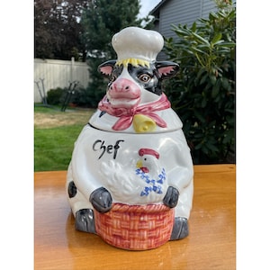 Vintage Cookie Jar Cow and Chicken Stoneware Large Lidded Cookie Jar Country Kitchen Decor by Newcor