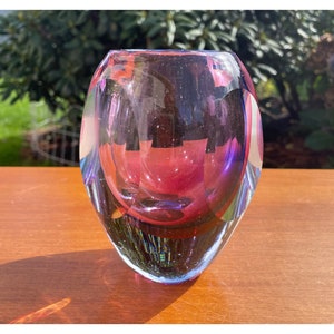 Mid Century Murano Amethyst & Clear Sommerso Glass Vase – Heavy Italian Art Glass – Hand Blown Sculptural Design