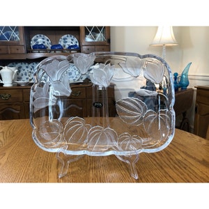 Vintage Crystal Clear Studios Japan Oblong Leafy Floral Frosted Glass Serving Tray Original Label Made In Japan