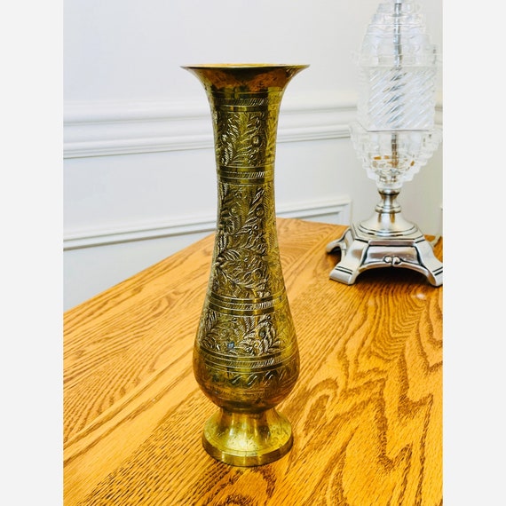 Vintage Brass Etched Brass Vase With Floral Design 10 Tall Made in India 