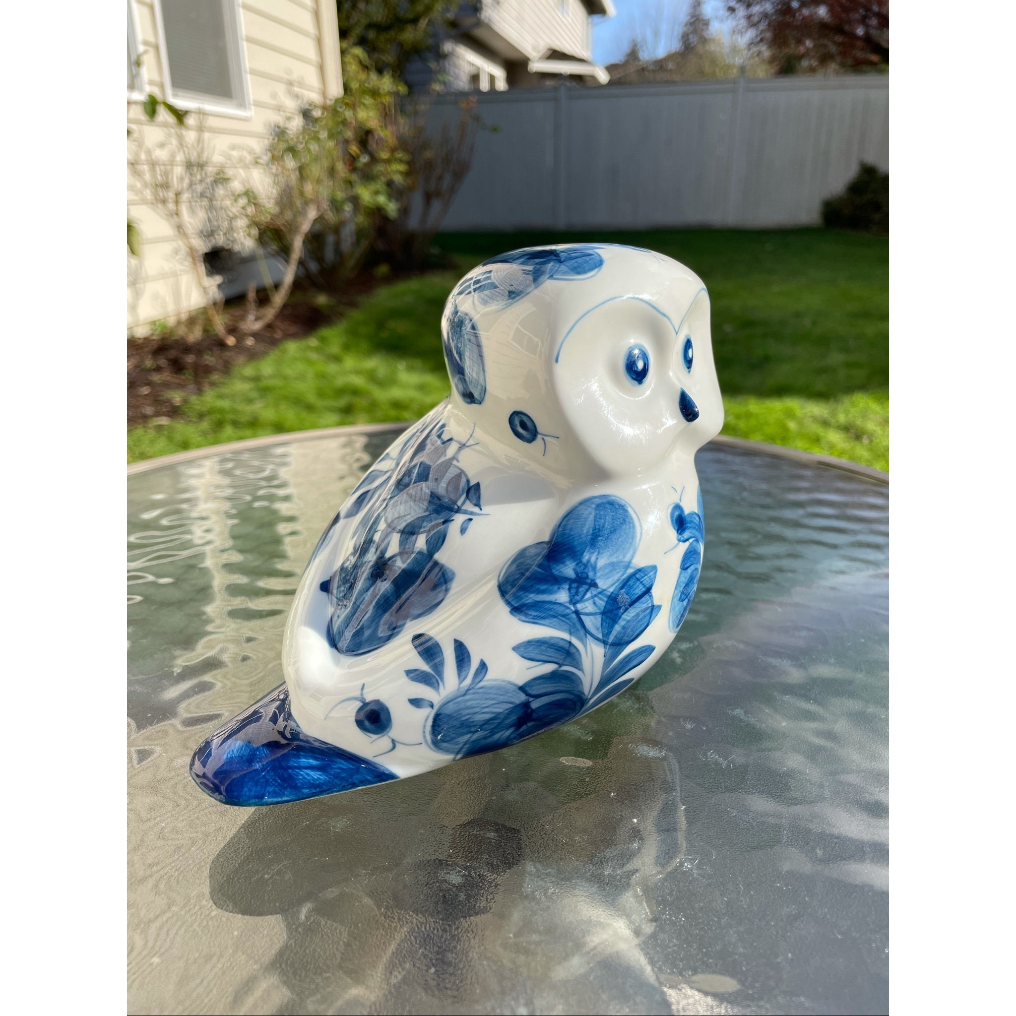 Ceramic Owl Blue White Owl Figurine Decorative Statue Home Etsy