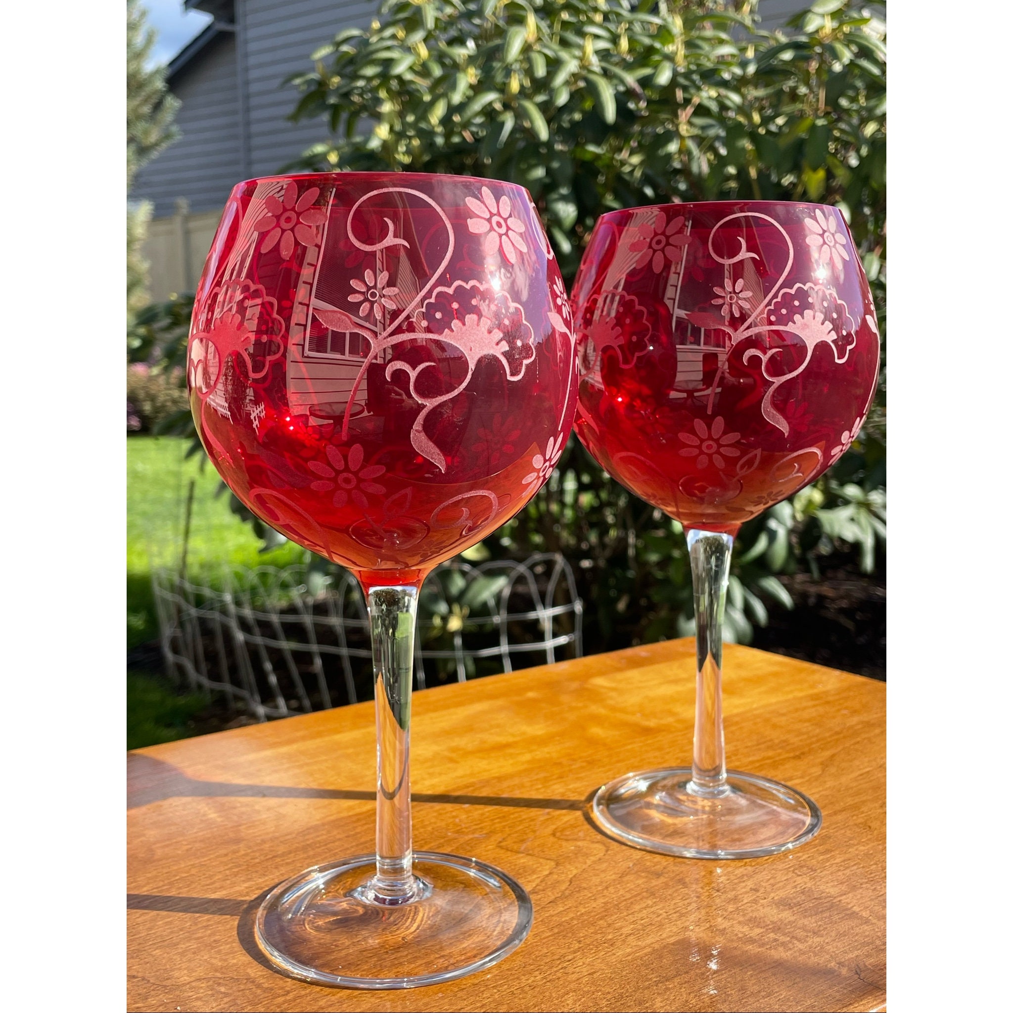 Set of 2 Vintage Wine Glasses - Goblets. Gorgeous Red with Clear stems