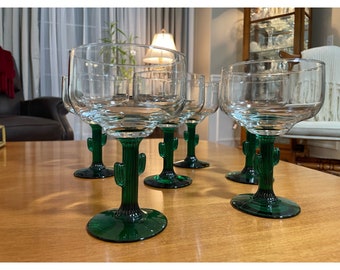 Vintage Large Libbey Cactus Clear Margarita Glass w/Thick Green Cactus Stemware Glasses Cocktail Party Home Bar Cart Decor Set of 6 USA Made