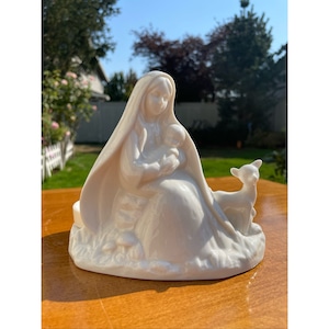 Vintage White Porcelain Mother Mary w/Baby & Lamb Sculpture Dual Tea Light Pillar Candle Holder Spiritual Holy Holiday Decor Made In Japan