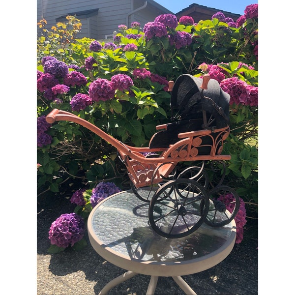 Antique 19th Century Doll Stroller Baby Carriage Rattan Wood And Metal