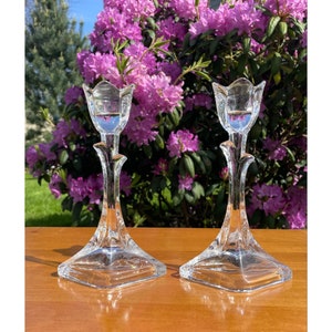 Vintage Crystal Clear Tulip Candlestick Holders  Set of 2 by Toscany