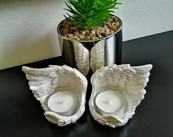 Angel wings tealight holder made of ceramic mother-of-pearl white &quot;Set of 2&quot;