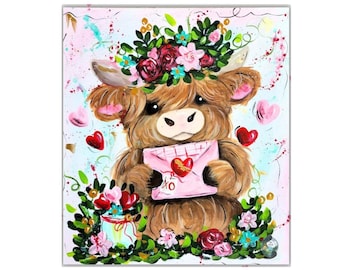 Hand painted Valentine highland cow.