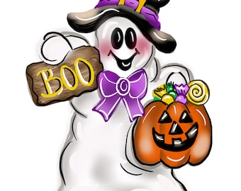 May include: A cartoon ghost illustration holding a wooden sign that says "BOO" in yellow letters. The ghost wears a witch hat with a purple band and bow tie. It carries an orange jack-o'-lantern filled with candy. A fun Halloween design.