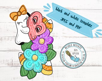 May include: A white ghost with a pink heart and flowers in its arms. The ghost is wearing a yellow bow and has a black outline. The flowers are purple, blue, and yellow. The background is a white woodgrain.