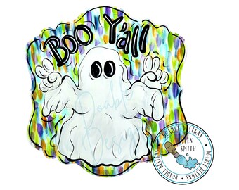 May include: A colorful, abstract background with a white ghost in the center. The ghost has two eyes and is holding its arms out. The text "Boo Y'all" is written in black on the background.