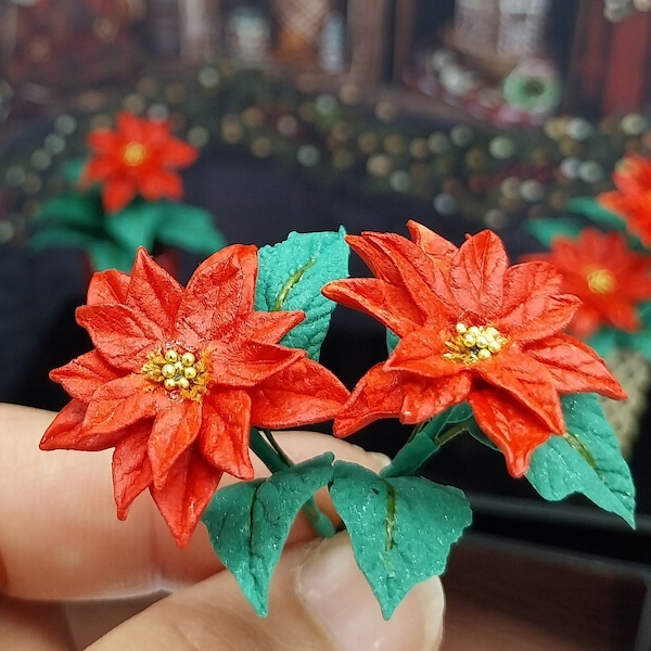 Mini Red Poinsettia Flowers - Clay Flowers - Christmas Decor - Dollhouse Miniature