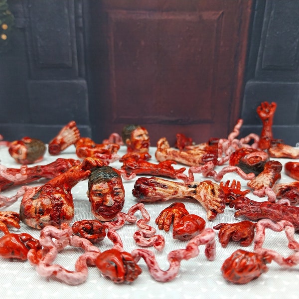 Ensemble de mini cadavres humains dans une arche de verre - Échelle 12e - Bundle de parties du corps coupées en sang pour miniature - Mini anatomie - Mal - Déco d'Halloween