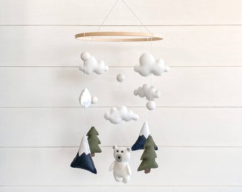 Polar Bear and Mountains Baby Mobile / Baby Mobile / Felt Mobile / Baby Nursery /  Woodland Decor / Polar Bear / Mountains Mobile