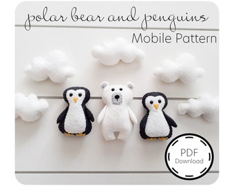 Polar Bear and Penguins Felt Sewing Pattern / PDF Download / Baby Mobile /  Winter Nursery / Sewing Tutorial / Polar Bear and Penguin