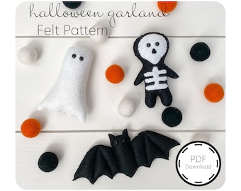 Halloween Girlande PDF Anleitung | Gespenst, Skelett, Fledermaus Filzmuster | Halloween Ornamente | Halloween Dekoration