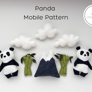 May include: A PDF pattern for a panda mobile, featuring two black and white pandas, a gray mountain, green bamboo, and white clouds.