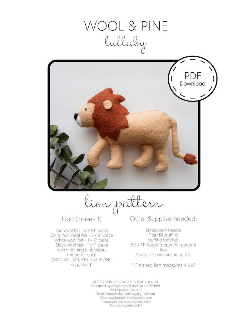 Lion Pattern PDF/ Felt Lion/ Sewing pattern/ Instant download/ Lion ornament 画像 2