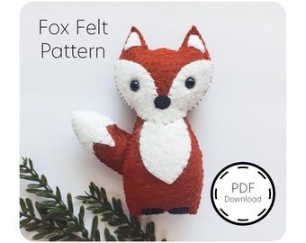 May include: A felt fox pattern for sewing a plush toy. The pattern includes instructions for making a red fox with white accents. The image also includes the text "Fox Felt Pattern" and "PDF Download".