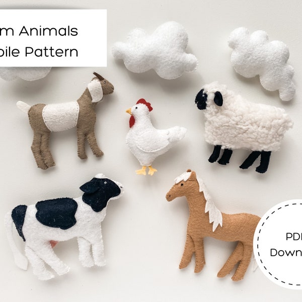 Farm Animals Felt Pattern | Farm Animals Baby Mobile | Farm Nursery | Cow | Horse | Sheep | Goat | Chicken | Baby Shower Gift | PDF | SVG