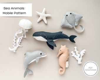 Modèle de mobile pour bébé animaux marins | Mobile océan | Téléchargement PDF | Pépinière Sea Life | Baleine en feutre | Dauphin en feutre | Mobile nautique | SVG