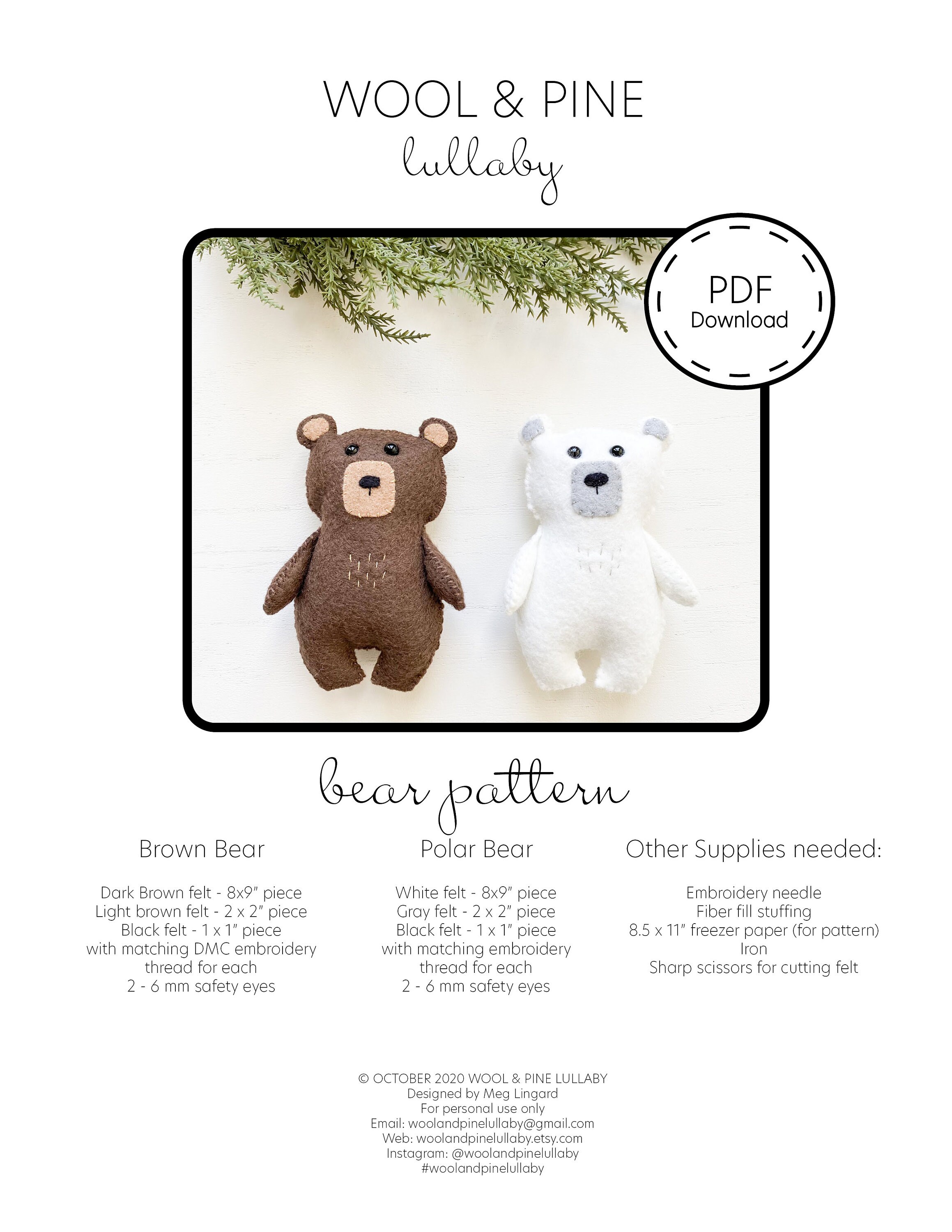 Bear Pattern PDF/ Felt Bear/ Sewing Pattern/ Instant Download/ Bear  Ornament/ Felt Polar Bear/ Felt Brown Bear - Etsy