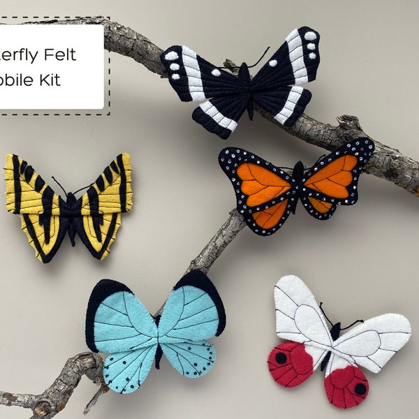 Butterfly Felt Mobile Kit | Nature Themed Nursery | Bright Butterfly Pattern | Butterfly Sewing Pattern | Butterfly Mobile | Baby Girl Gift
