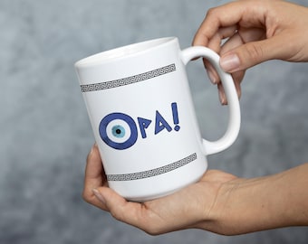 Greek Evil Eye Mug: Opa Expression, Greek Key Print
