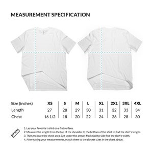 May include: A chart showing t-shirt size specifications in inches. The chart lists sizes from XS to 4XL and includes measurements for length and chest.