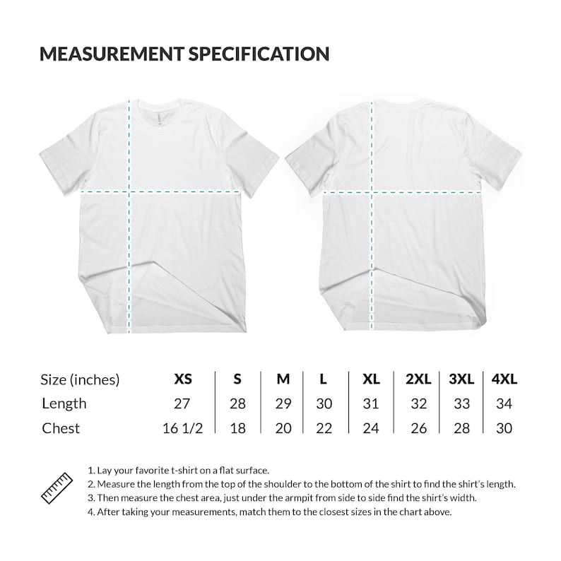 May include: A chart showing t-shirt size specifications in inches. The chart lists sizes from XS to 4XL and includes measurements for length and chest.