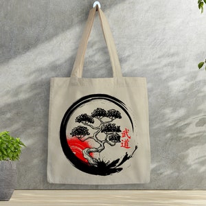 Bonsai Tree Tote Bag: Japanese Zen Circle, Cotton Canvas