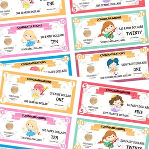 May include: A set of ten colorful printable fairy dollar bills with different denominations. Each bill features a cartoon fairy with a tooth-themed design and the words "Congratulations" and "Pixie Sparkles".