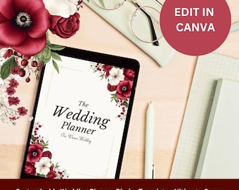 May include: A digital tablet displaying a wedding planner template with a floral design. The text on the screen reads "The Wedding Planner Our Dream Wedding". The image also includes a pen, glasses, and a notebook.