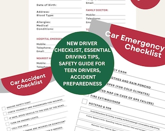 Könnte beinhalten: Eine grüne und rote Checkliste für neue Fahrer mit dem Titel "Neue Fahrer-Checkliste, Wesentliche Fahrtipps, Sicherheitsleitfaden für junge Fahrer, Unfallvorbereitung". Die Checkliste enthält Punkte wie die Sicherstellung der Sicherheit an erster Stelle, die Überprüfung von sich selbst und den Passagieren auf Verletzungen, das Verschieben des Fahrzeugs an den Straßenrand, das Einschalten der Warnblinkanlage, das Anfordern von Hilfe und die Kontaktaufnahme mit der Pannenhilfe.