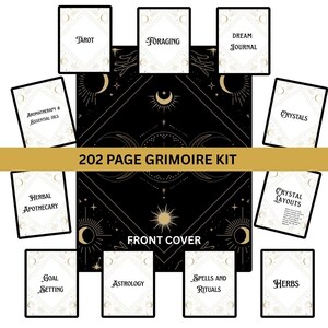 May include: A black and gold grimoire kit with a 202-page book and various card inserts. The cards include topics like Tarot, Foraging, Dream Journal, Crystals, and Herbal Apothecary. The front cover is decorated with celestial designs.