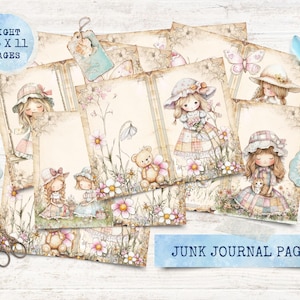 Op de afbeelding: Acht 8,5 x 11 inch pagina's voor een junk journal. De pagina's hebben een vintage uitstraling met bloemenontwerpen, schattige meisjes en een teddybeer. De pagina's zijn perfect om je eigen persoonlijke accenten aan toe te voegen.