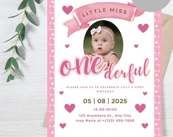 女の子のための 1 歳の誕生日招待状 - Little Miss Onederful - ピンクのリボン デザイン - 編集可能なテンプレート