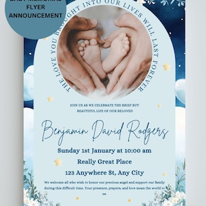 Faire-part de Flyer commémoratif de bébé, invitation imprimable numérique pour la célébration de la vie, modèle modifiable