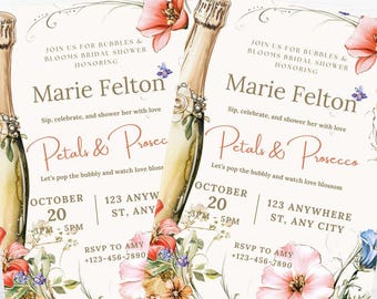 Puede incluir: Una invitación de despedida de soltera floral con una botella de champán y el texto "Petals & Prosecco". La invitación es para Marie Felton y está programada para el 20 de octubre de 3 pm a 5 pm. La dirección es 123 Anywhere St, Any City. RSVP a Amy al +123-456-7890.