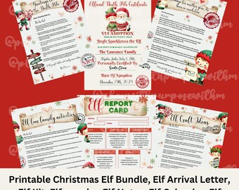 Op de afbeelding: Printbare kerst-elfenbundel met een verscheidenheid aan printbare items, waaronder een elfen-aankomstbrief, een elfen-adoptiebewijs, een elfen-rapportkaart, elfen-knutsel-ideeën en elfen-leuke familieactiviteiten. De printbare items zijn ontworpen met een feestelijk kerstthema en bevatten illustraties van elfen en de kerstman.