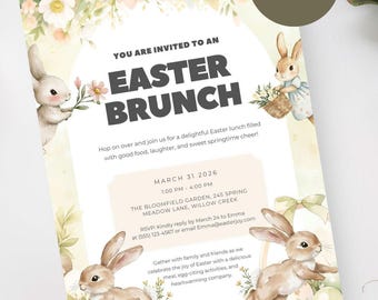Druckbare Osterhasen-Einladung - Florale Brunch-Party-Einladung - Bearbeitbare Vorlage - Einfach anzupassen
