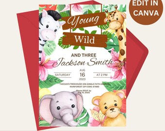 Young Wild & Three Birthday Invite - Safari Animals - Editable Template - Instant Download