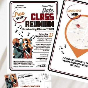May include: Class reunion event flyers and tickets. The main flyer has a black border with the text "Class Reunion" and "Graduating Class of 1989". The flyer includes a map and event details. Tickets are also included.