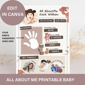 Quadro de marcos mensais do bebê personalizado - Tudo sobre mim - Modelo para impressão - Formulário de puericultura editável