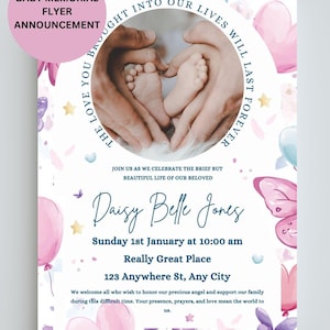Faire-part de Flyer commémoratif de bébé, invitation imprimable numérique pour la célébration de la vie, modèle modifiable