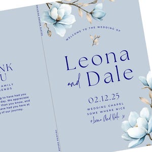 Dusty Blue Navy Wedding Programs Template, Floral Ceremony Itinerary, Printable Download for Special Events