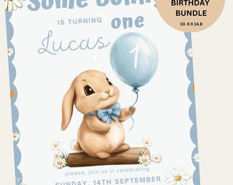 Some Bunny Is One Birthday Bundle, Editable Boy Birthday Invitation, Printable Party Template
