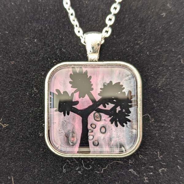 Joshua Tree Silhouette Dusk Pendant Necklace, Purple, Pink Acrylic, Silver